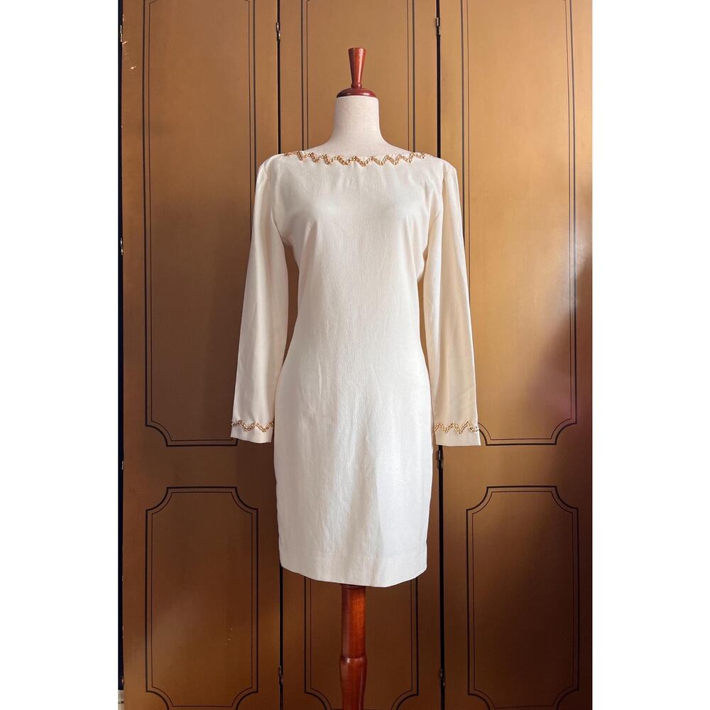 Vintage midi dress in cream with gold beads, size M